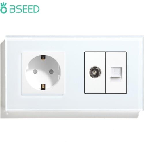 BSEED EU Standard Wall Socket TV PC With EU Standard Socket Crystal Glass Panel White Black Golden EU Standard