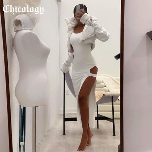 Chicology 2021 Women Summer White Dress Slit Side Sleeveless Elegant Festival Y2K Fashion Round Neck Bodycon Clothing