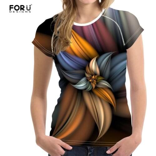 FORUDESIGNS Female Artictic Flower Print Tee Shirt Girls Casual Breathable O-neck Summer Clothing Womens Tops женская одежда
