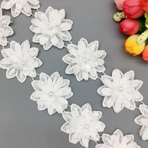 GXINUG 2 Yard Soluble Rose Flower Pearl Embroidered Lace Trim Ribbon Fabric Sewing Craft Patchwork DIY For Costume Decoration