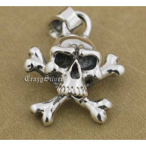 LINSION 925 Sterling Silver Pirate Skull Bone Mens Biker Rock Punk Pendant 9S003