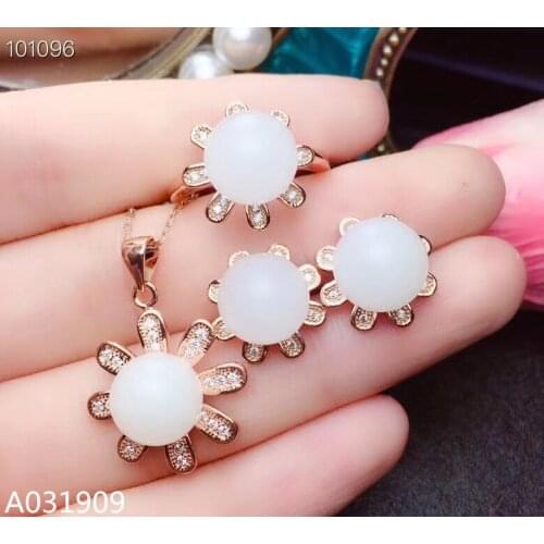 KJJEAXCMY boutique jewelry 925 sterling silver inlaid Natural White jade ball Necklace Ring Earring Set Support detection trendy