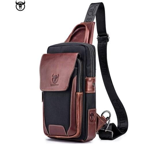 BULLCAPTAIN Hot Mens Genuine Cowhide Leather Casual Fashion Chest Bag Over Shoulder Crossbody For Male