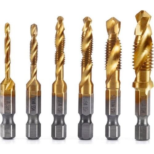Drill Tap Bit, 6 Pack Combination Drill Tap Bit Set Screw Tapping SAE 6-32NC 8-32NC 10-24NC 10-32NC 12-24NC 1/4-20NC