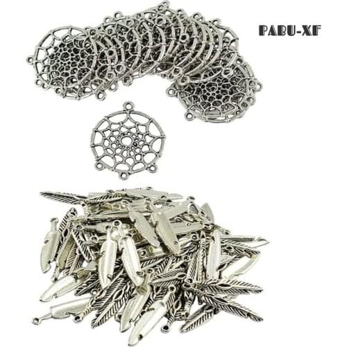 50Pieces Antique Silver Feather Dream Catcher Charms Pendants Connectors Set for DIY Jewelry Making Necklace Craft Accessories
