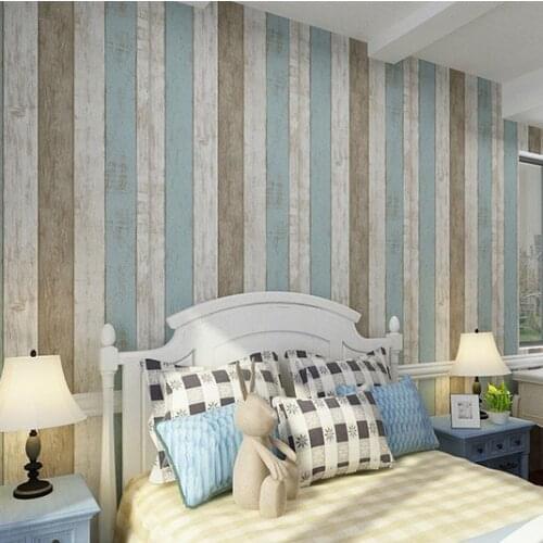 Non-woven wallpaper reminisced wood grain vertical stripe wallpaper tv blue vintage papel de parede com listras