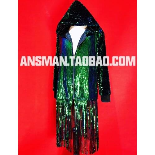Nightclub Bar Male Singer DS DJ GOGO Symphony Green Laser Long Fringed Loose Jacket Costume