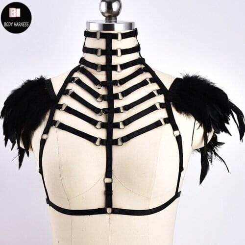 Sexy Women Black Feather Goth Body Harness Lingerie Rave Fetish Bondage Feather Angel Wings Crop Top Body Cage Harness Bra