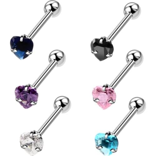 1Pc Stainless Steel Tongue Barbell Piercing Heart Tongue Thread Studs for Unisex 14G CZ Zircon Labret Lip Piercing Body Jewelry