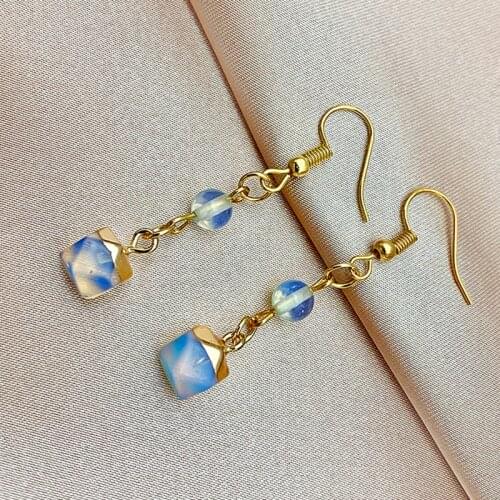 Vintage Geometric Gold Metal Earrings for Women Healed Opal Natural Stone Tassel Earrings Korean Trend Set of Earrings Jewelry