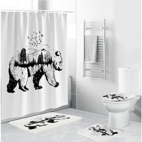 Waterproof Bathroom Set 4 Piece Shower Curtain Walking Bear Print Carpet Cover Toilet Cover Bath Mat Pad for Bathroom Decor