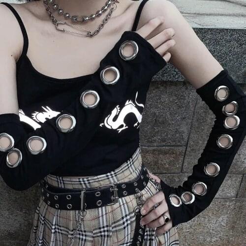 New Women Y2k Gothic Fingerless Gloves Big Eyelet Punk Style Coll Black Hallow Out Bow Length Arm Warmers
