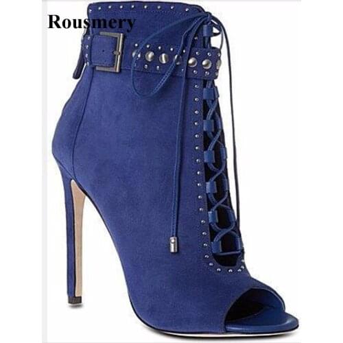 New Arrival Women Fashion Open Toe Blue Suede Leather Spike Ankle Boots Lace-up Buckle Design High Heel Short Boots
