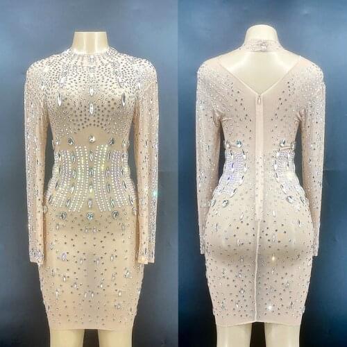 Women Stage Costume Sparkly Rhinestones Elastic Dress Nightclub Bar DJ Singer Performance Wear Party Celebrate Clothes VDB3964