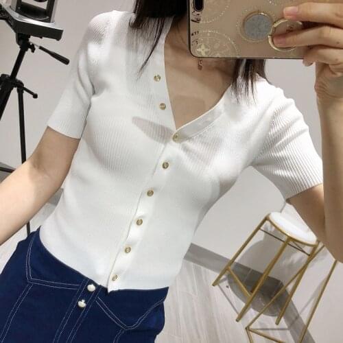 Single Breasted V Neck Knitwear with Button Women Retro Summer Short Sleeve Knit Cardigan Thin Top