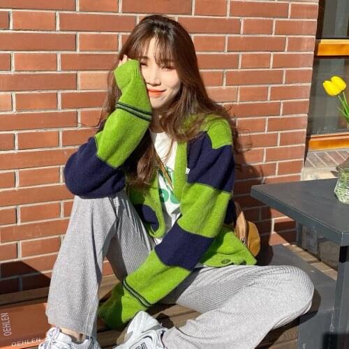 Autumn 2021 Green Striped Knitted Oversized Cardigan Jacket Female Chic Color Matching V-Neck Short Sweater Casual Top Coat 4XL