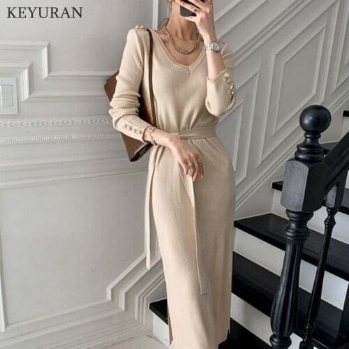 Elegant V Neck Split Midi Dress 2021 Autumn Winter Women Korean Chic Knit Sweater Dress Button Long Sleeve Sashes Bodycon Dress