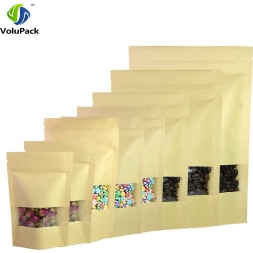 Multi Sizes 100pcs Herb Coffee Tea Retail Zip Lock Storage Bag w/ Clear Window Reclosable Brown Kraft Paper Stand Up Pouches