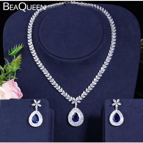 BeaQueen Sparking Royal Blue Cubic Zircon Flower Water Drop Earring Necklace Pendant Sets Dinner Party Jewelry Accessories JS032