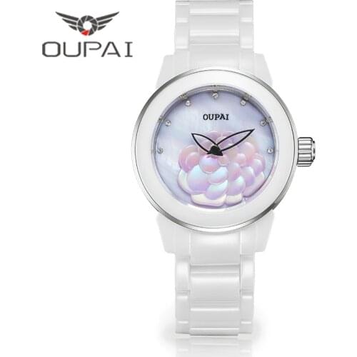 OUPAI Camellia Elegant Fashion Ceramics White Watch Women Waterproof Shell Face Butterfly Neddle Lady Watch