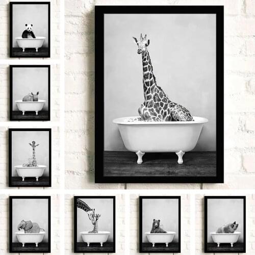 Black and White Panda Animal Canvas Paintings Wash In Bath Tub Wall Art Pictures for Living Room Bathroom Washroom Indoor Decor
