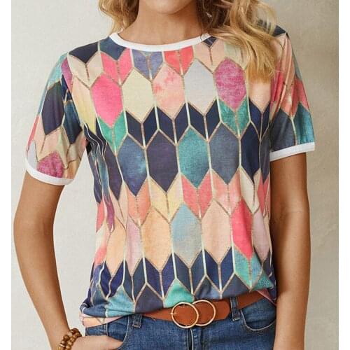 5XL Casual Summer Female Tees Shirt Top Blusas Harajuku Short Sleeve T-Shirt Gemstone Print O-Neck Woman Clothes Loose Pullover