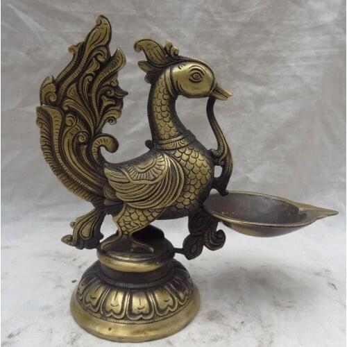 Huij 006883 8" Chinese Bronze Buddhist Bird Fly Phoenix Peacock Statue Buddha Oil Lamp