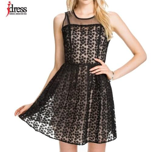 IDress Fashion Studio Free Shipping 2 Colors Women Clothes 2016 Summer Style Sexy Mesh Floral Lace Beige Black Cute Party Dress