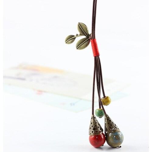 Ceramic Necklace Water Drop Bead Pendants Long Leaf Sweater Chain Choker Statement Charm Women Accessories Retro Fashion Jewelry