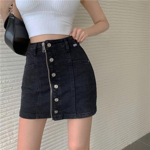 Hzirip Korean Black Hot Fashion Single-Breasted Zipper Ladies 2021 Casual High Waist Slim Gentle Half-Length A-Line Denim Skirt