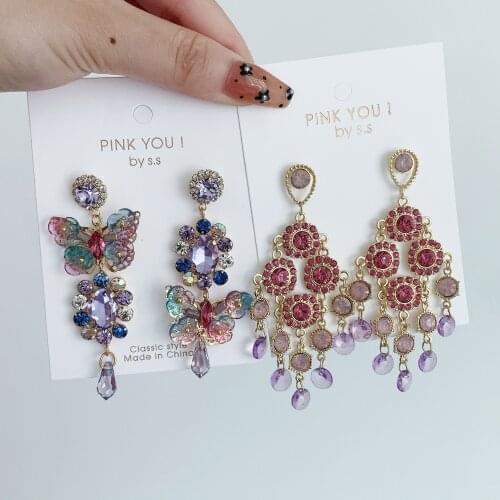 Korean Purple Rhinestone Love Heart Flower Dangle Earrings Long Water Drop Crystal Jewelry Pendientes For Women Fashion Brincos