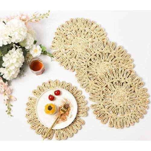 Round Woven Placemat for Dining Table,Natural Braided Rattan Tablemat Hollow Wicker Plates for Holiday Kitchen Table Mat-ABUX