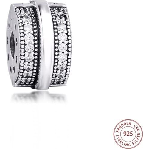 2020 New 925 Sterling Silver Sparkling Pavé Lines Clip Charm Beads Fit Original Bracelet Charms Women Fashion Jewelry Making