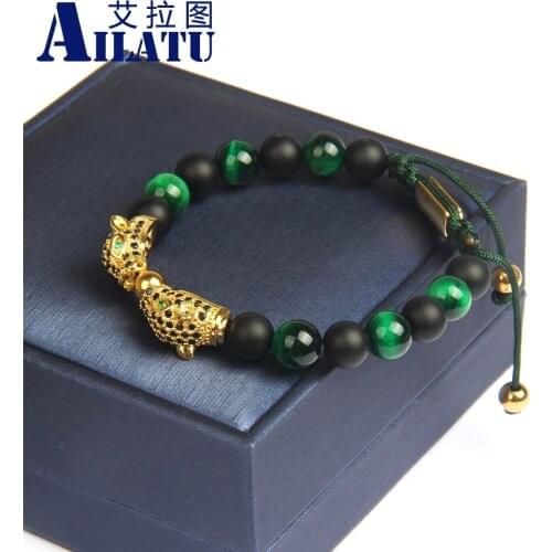 New Double Leopard Heads Bracelets 8mm Natural Matte Onyx & Green Tiger Eye Stone Mens CZ Panther Macrame Jewelry