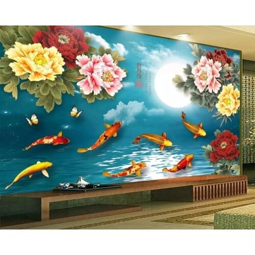 Papel de parede Chinese style blossom peony flower moon goldfish 3d wallpaper,restaurant living room tv sofa wall bedroom mural