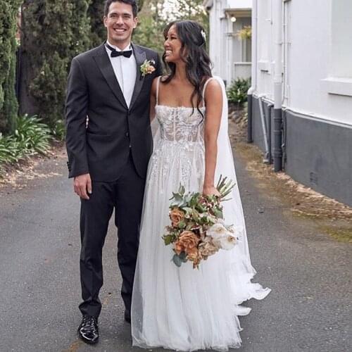 Skinny Girl Boho Wedding Dress Illusion Top Lace Appliques Tulle Bridal Gowns with Flowing Ribbon