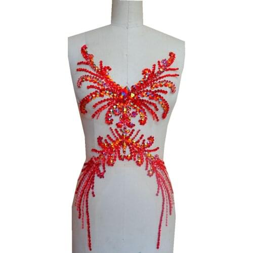A80 Pure hand made dazzling red sew on Rhinestones applique crystals patches 52*28cm DIY dress accessory
