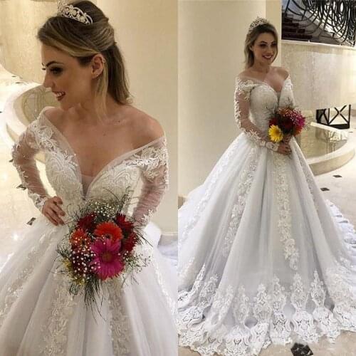 Sexy Princess Lace Appliques Ball Gown Wedding Dresses Long Sleeves Custom Lace Up Back Bride Wedding Gowns Sheer Robe