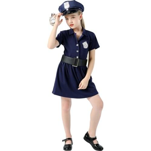 Deluxe Kids Cute Girls Police Cop Officer Costume Uniform Cosplay Halloween Party Fancy Dress +Belt +Hat +Handcuffs +Badge