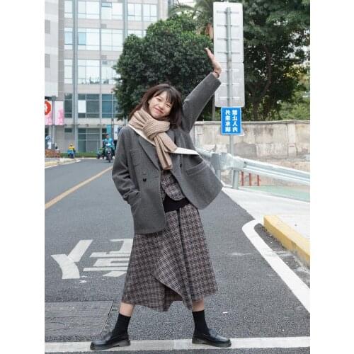High sense gray suit woolen womens long-sleeved fashion two-breasted casual jacket