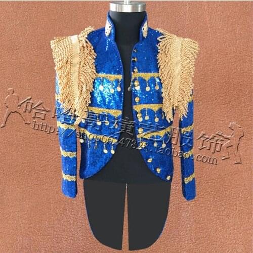 Blue Men Tuxedo Suits Designs Masculino Homme Terno Stage Costumes For Singers Jacket Men Sequins Blazer Dance Star Style Punk