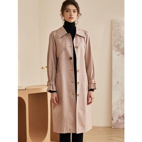 Temperament pink waist windbreaker womens new slim tie professional ol medium and long coat