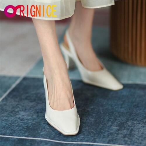 Orignice Spring Summer Cow Leather Shallow Pumps Strange Heel Square Toe Buckle Strap Office Dress Lady Slingback Shoes Beige