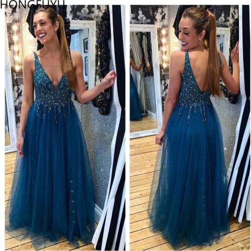 HONGFUYU New Tulle Sleeveless Evening Dresses With Crystals Sexy V Neck Beading Prom Gowns Custom Made Party Formal Dresses