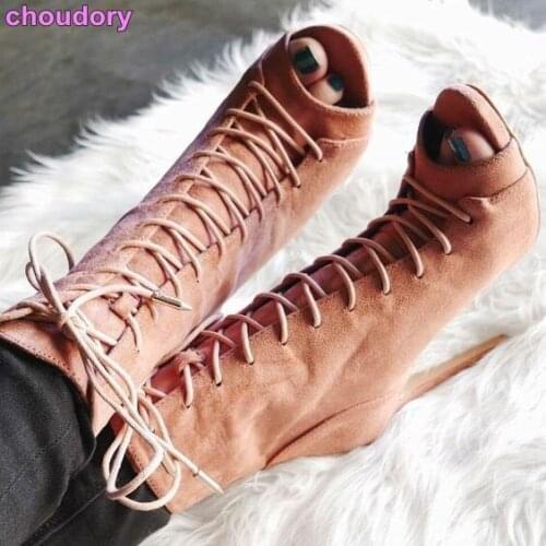 Women Autumn Trendy Short Boots Lace-up Beige Royal Blue Suede Leather Ankle Sandal Boots Cross Tied Thin High Heels Party Shoes