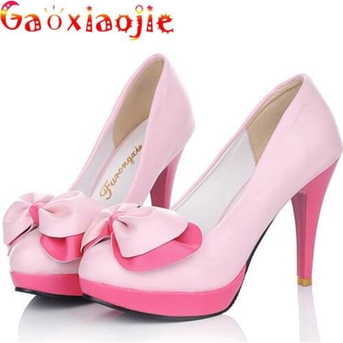Gaoxiaojie Pumps Female Shoes 2021 New Candy Color Round Head High Heels Shoes Sweet Bowknot Women Party Shoes Princess Stiletto