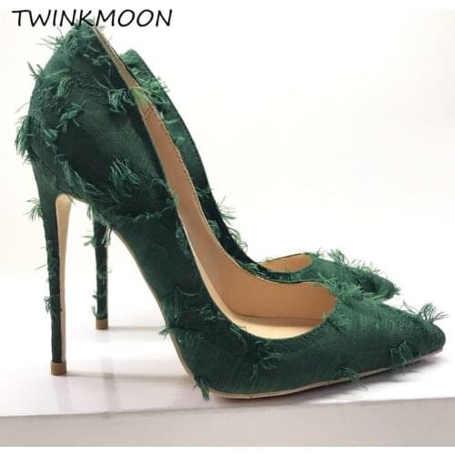 2020 New Fringe Female Shoes High Heels Thin Stiletto Pumps Sexy Pointed Toe Top Brand Lady Shoes Black Wine Green Color Size 43