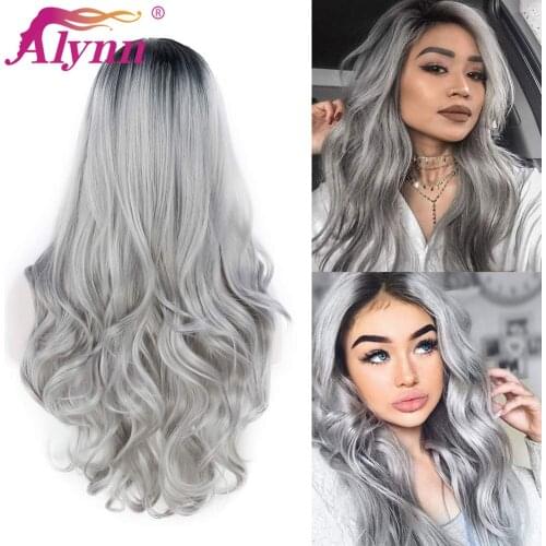 Alynn Body Wave Wig Synthetic Hair Black Ombre Gray Middle Part Wig For Women Long Length Cosplay Wig Heat Resistant Fiber Hair