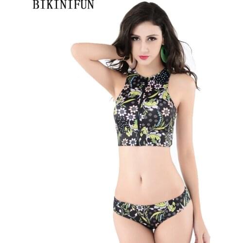 New Sexy Floral Print Bikini Women Swimsuit High Neck Bathing Suit S-3XL Girl Front Zipper Swimwear Low Waist Micro Bikini Set