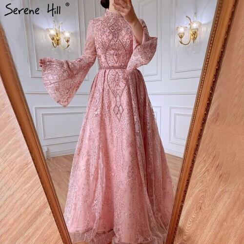 Prom Dress Muslim Pink Lace Beaded Evening Dresses Gowns 2021 A-Line Luxury For Women Wedding Party DLA71247 Serene Hill